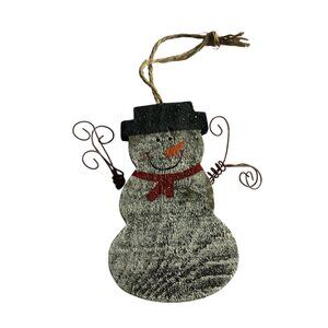 Hand-Painted Rustic Wooden Snowman Ornament Twine Hanger Wire Arms Christmas 4"